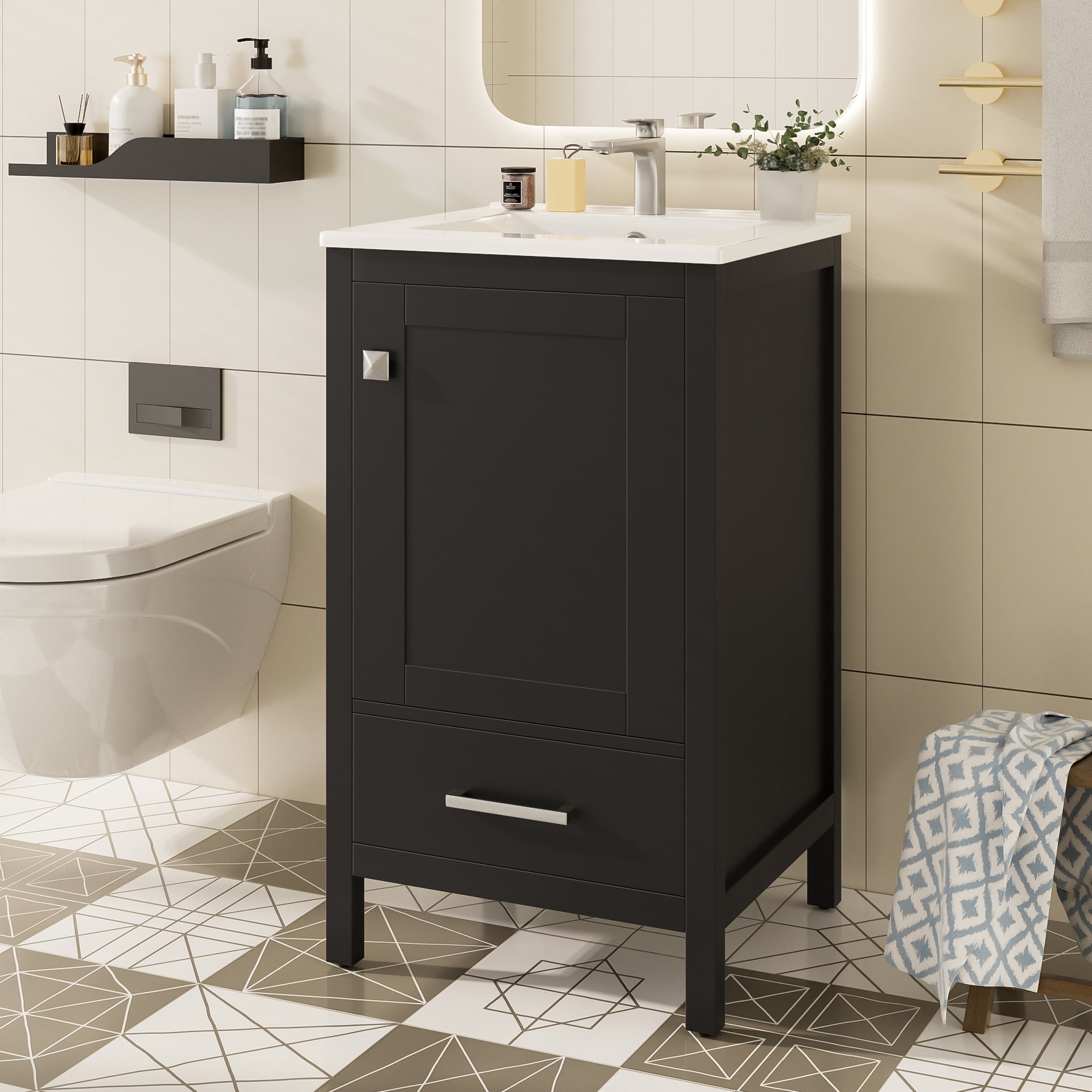Euroco 20-Inch Modern Bathroom Vanity with Ceramic Sink, Soft-Close Drawer & Door, Double-Layer Door Organizer, Divider Drawer, Adjustable Foot Pads