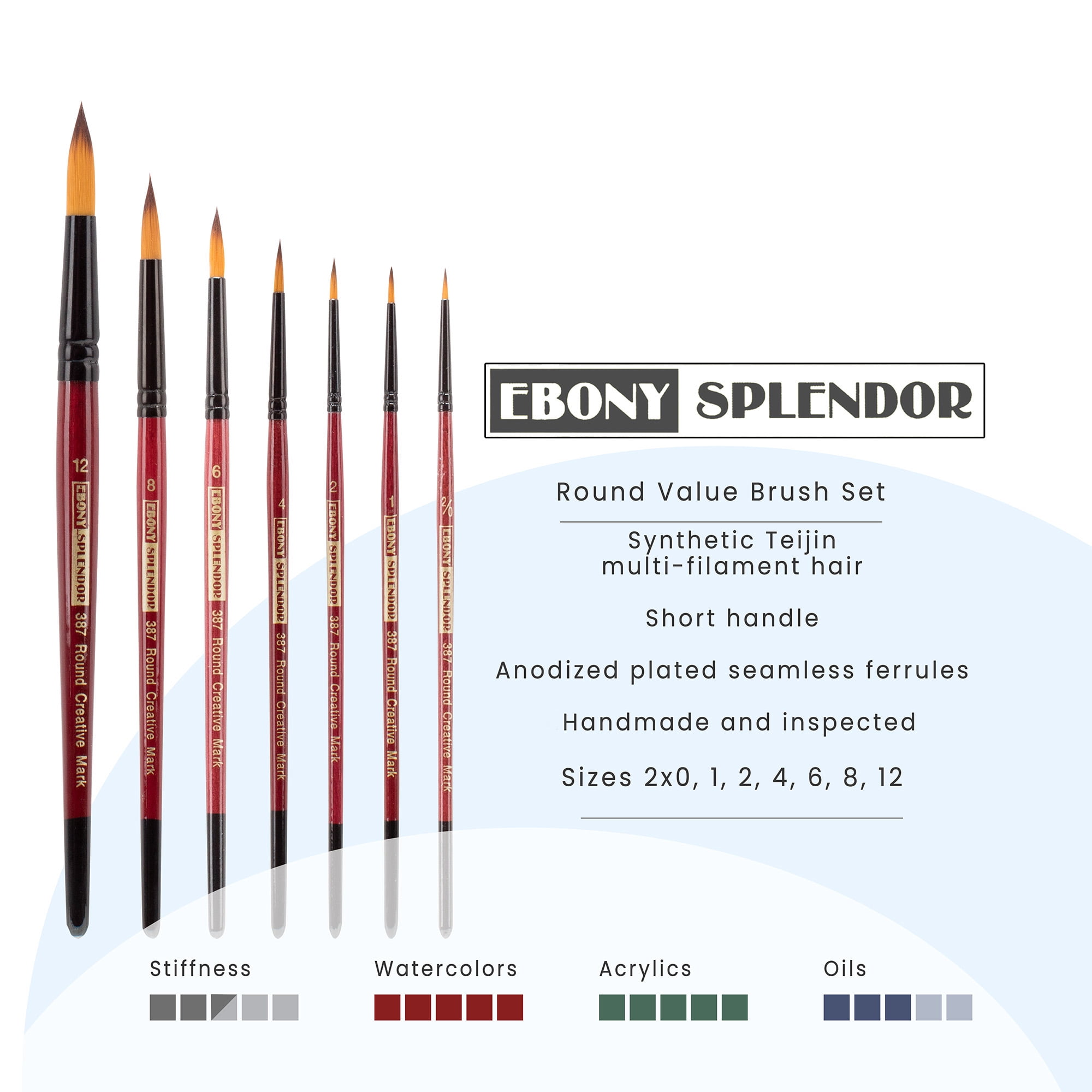 Creative Mark Ebony Splendor Short-Handle Synthetic Sable Paint Brush, Round Set of 7, Teijin Multi-Filament Hair, Handcrafted Synthetic Paint Brushes for Acrylic Painting, Watercolor Painting & More