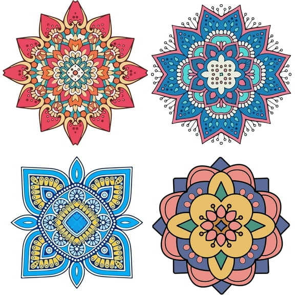 4PCS Flower of Life Window Decal Meditation Static Window Clings Colorful Mandala Non Adhesive Window Film Circle Sliding Glass Door Stickers for Prevent Stop Birds Dogs Pets Strikes DIY