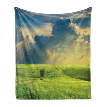 Nature Soft Flannel Fleece Blanket, Summer Landscape with the Grass Road Cloudscape and Rural Novelty View Image Print, Cozy Plush for Indoor and Outdoor Use, 50" x 60", Blue Green, by Ambesonne