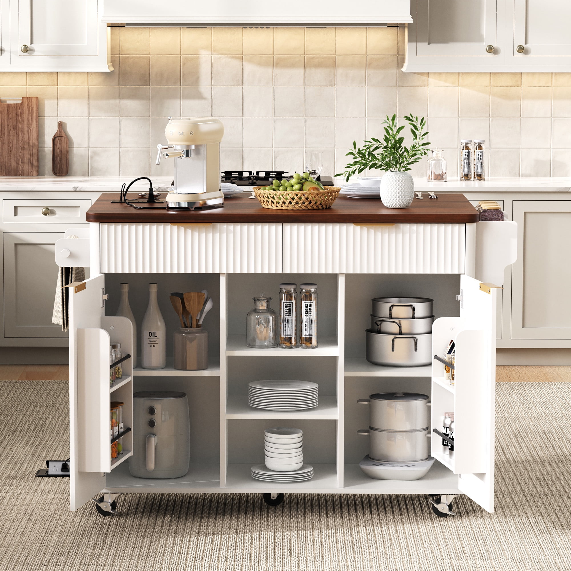 Euroco 52" Fluted Kitchen Island with Drop Leaf, Power Outlet, Kitchen Storage Cart with Adjustable Shelves, 2 Doors and 2 Drawers, Rolling Island Table with Walnut Color Top