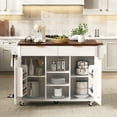 thumbnail image 3 of Harper & Bright Designs Fluted Kitchen Island with Drop Leaf and Power Outlet, Kitchen Storage Cart with Doors and Drawers, Rolling Island Table with Adjustable Shelves, White, 3 of 20