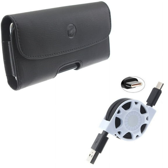 Black Leather Carry Case Side Cover w Retractable Type-C USB Cable Charge Sync Power Wire Z3R for Alcatel 7 - Coolpad Legacy - Nokia 3.1 Plus - OnePlus 7 Pro - Samsung Galaxy S10 5G Note 9 8