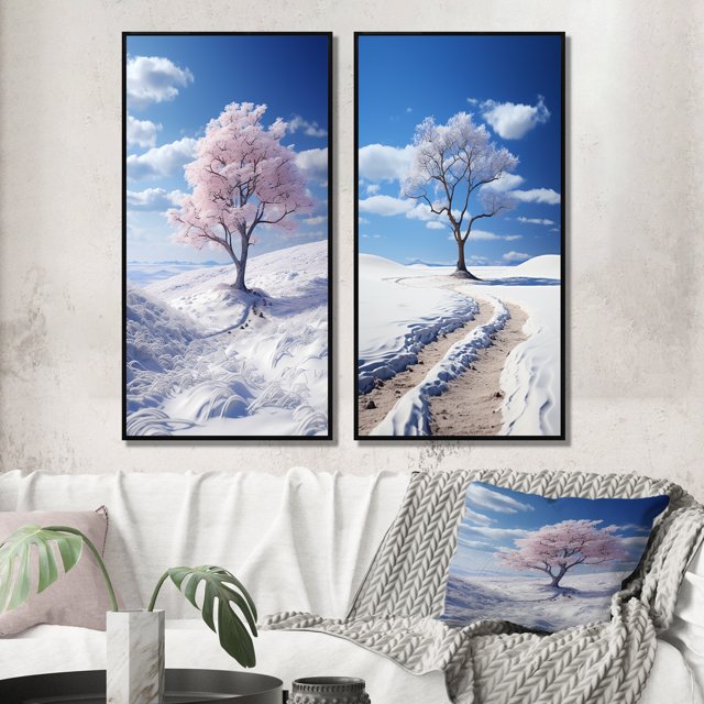 Designart "Snowy Tree gracefulness I" Snow Framed Wall Art Set Of 2 - White Landscapes Gallery Wall Frame Set For Home Decor