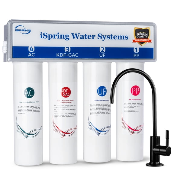 iSpring CUA4-BLK 0.01 Micron Ultra Filtration Under Sink Water Filter System, High Capacity Tankless 4-Stage Ultrafiltration Water Filter, Removes 99.99% Contaminants, Quick Filter Change with Faucet