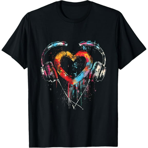 Headphones Music DJ Artwork Heart Music Lover Techno EDM T-Shirt