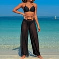 thumbnail image 2 of lcziwo Lightning Sales Women's 2025 Solid Color Bikini 3 Piece Beach Outfits Casual Halter Neck Bras and Split Mesh Pants with Bottom Shorts Swim Suit Black XL, 2 of 7