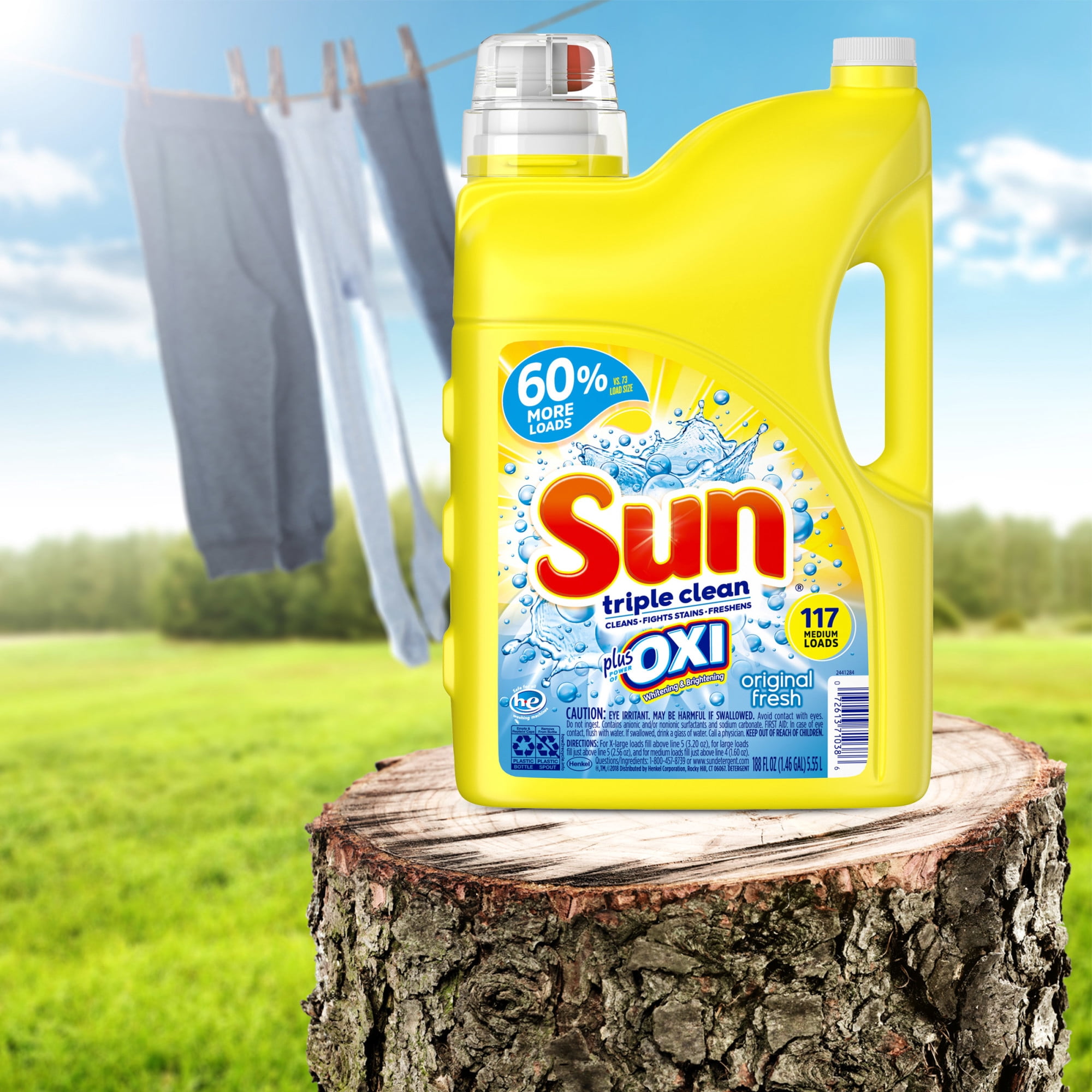 Sun Liquid Laundry Detergent plus OXI Stain Removers and Whiteners, Original Fresh, 188 Ounce, 117 Loads