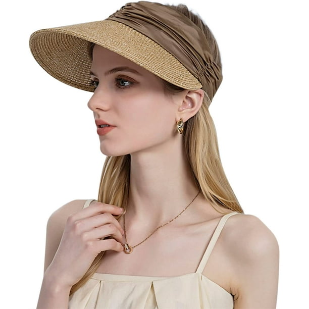 Coffee Women's Straw Sun Hat UV Mask UPF50+ Straw Hat Topless Summer