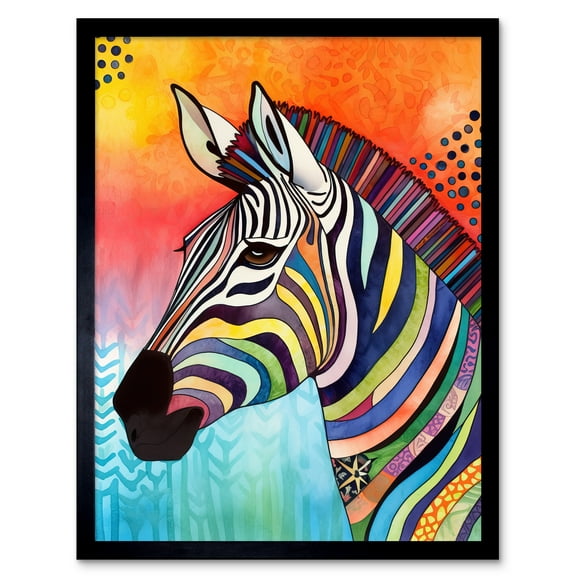 Zebra Folk Art Bright Multicoloured Art Print Framed Poster Wall Decor 12x16 inch