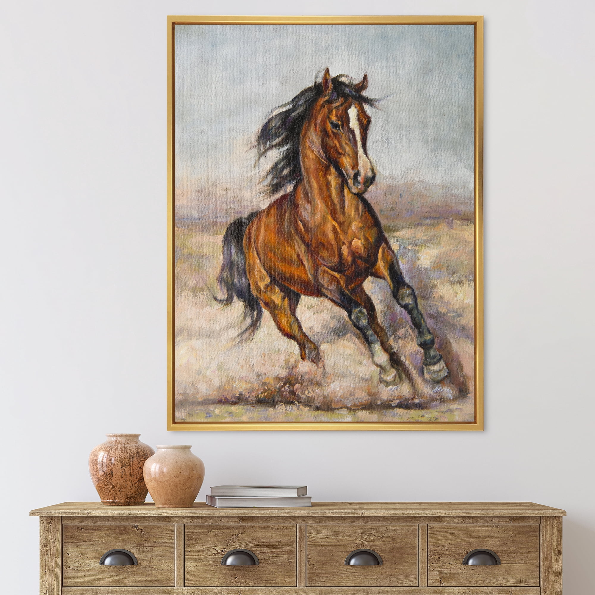 Designart 'A Brown Horse In The Race' Farmhouse Framed Canvas Wall Art Print