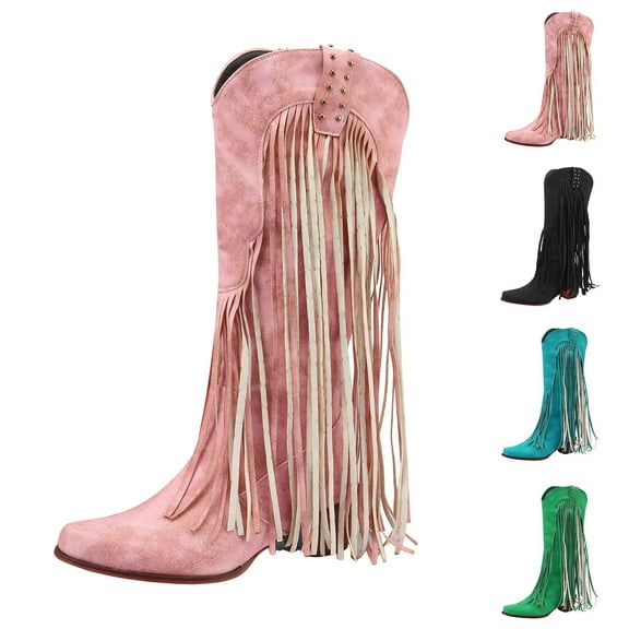 Dakaela Women's Western Cowboy Cowgirl Boots Fringed Tassel Wide Calf Chunky Heel Knee High Long Boots