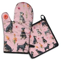 Schnauzer Dogs and Flowers Kitchen Oven Mitt and Pot Holder Sets 2 Pcs for Baking, Cooking and Grilling, Heat Resistant Up To 392 °F