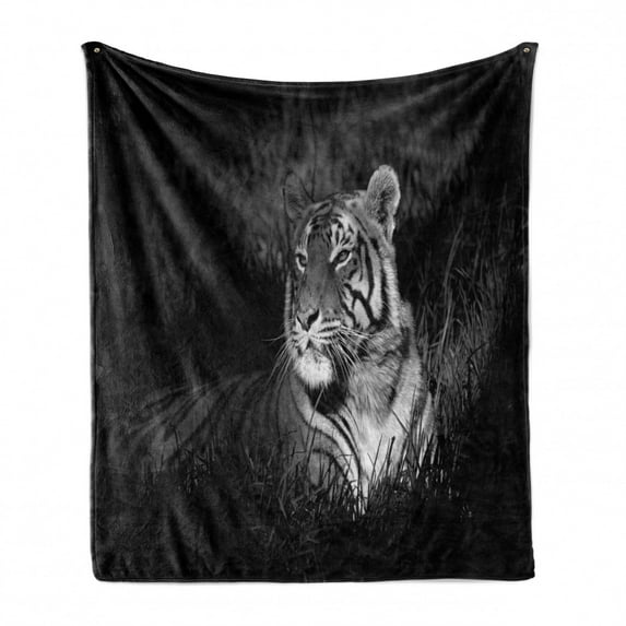 Black and White Soft Flannel Fleece Throw Blanket, Bengal Tiger Lying in the Grass Africa Savannah Monochrome Image Print, Cozy Plush for Indoor and Outdoor Use, 50" x 70", Black White, by Ambesonne