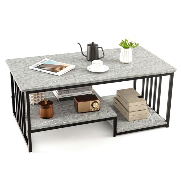 Costway Mesa De Centro Para Sala De Estar, Mesa De Cóctel Rectangular De 3 Niveles Con Estantes, Textura De Mármol Sintético Y Marco De Metal, Mesa Central Decorativa Con Almacenamiento, 110 Cm Gris