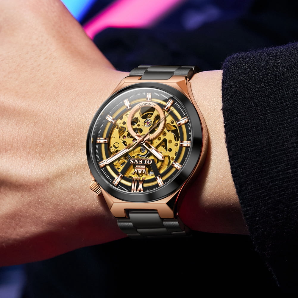 OLEVS Skeleton Watches for Men Luxury Dress Automatic Self Winding Mechanical Gold Plated Stainless Steel Waterproof Luminous Business Men Wrist Watch Reloj Para Hombre