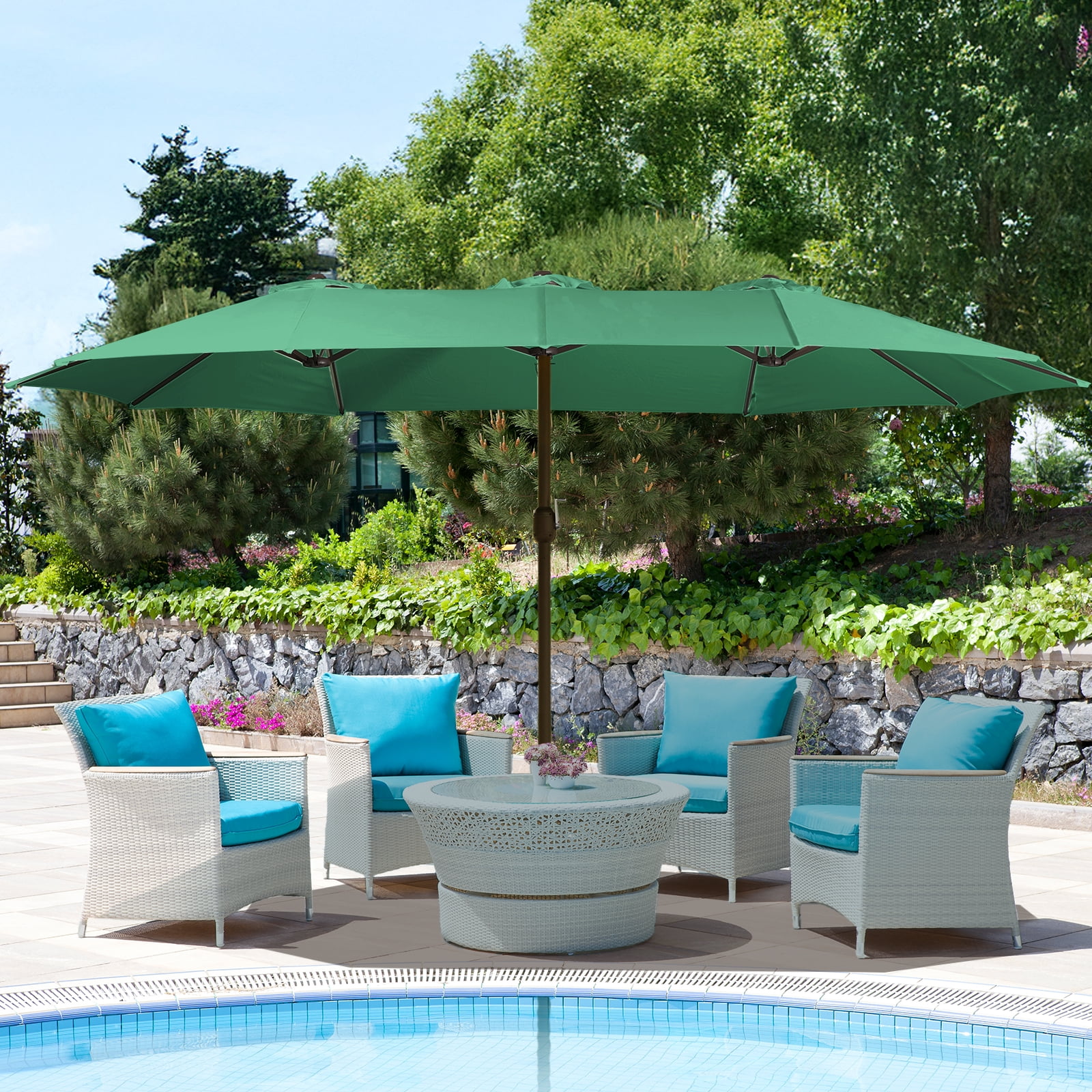 Aoodor 15ft Large Patio Umbrella with Base Stand, Outdoor Double-Sided Rectangle Umbrella - Green