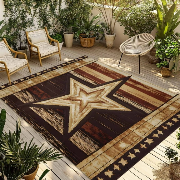 Fsddascl Brown Star Western Outdoor Rug for Patio/Deck/Porch, Non-Slip Large Area Rug 4 x 6 Ft, Country Brown Vintage Wooden Indoor Outdoor Rugs Washable Area Rugs, Reversible Camping Rug Carpet