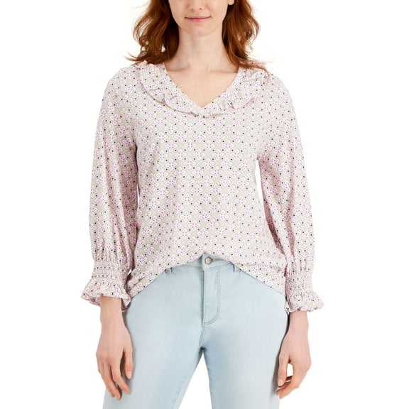 Charter Club Geo-Print Ruffled-Collar 3/4-Sleeve Top Bubble Bath Combo XS