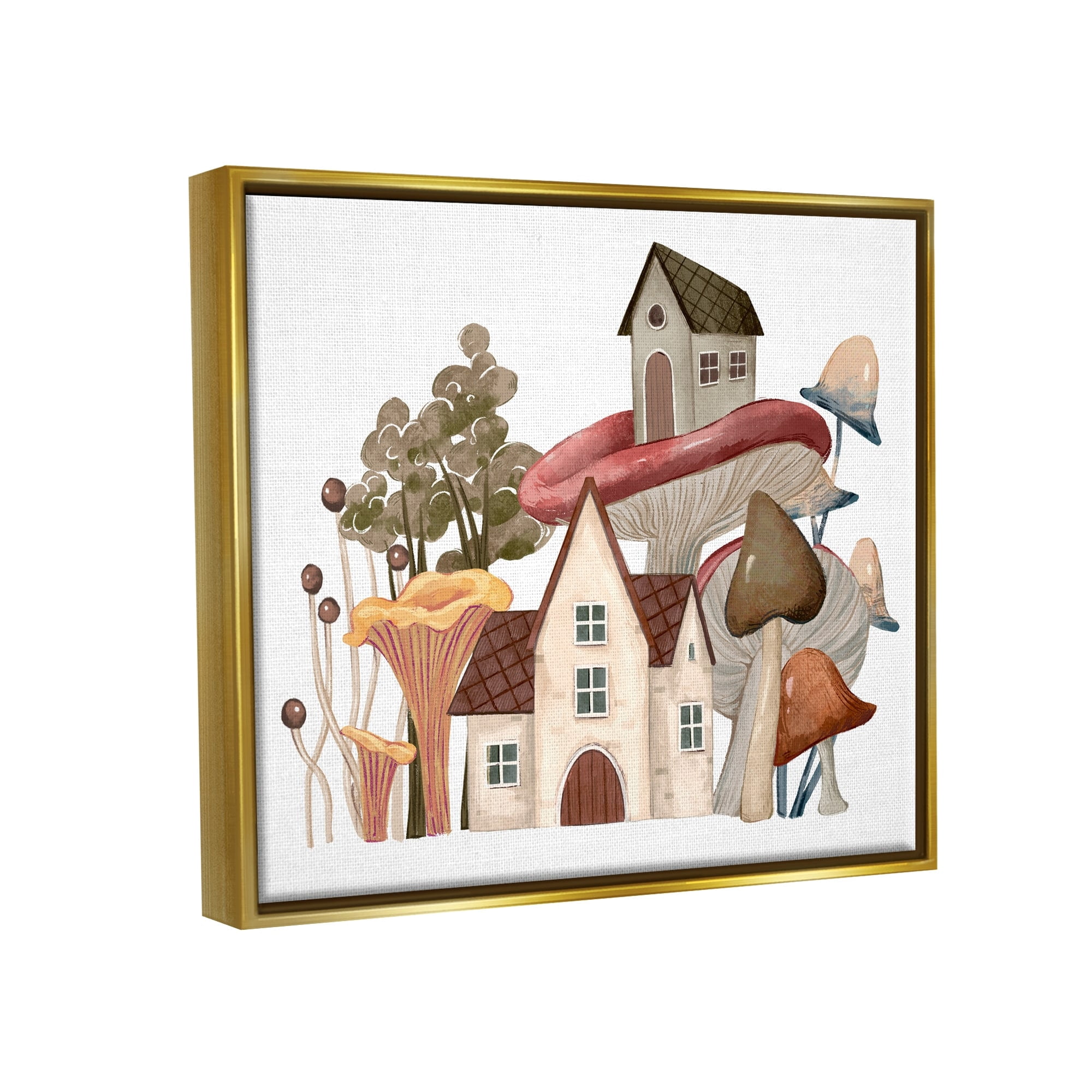 Stupell Industries Cozy Cottages Whimsical Mushroom Town Botanical Forest Painting Metallic Gold Floating Framed Canvas Print Wall Art, Design by Ziwei Li