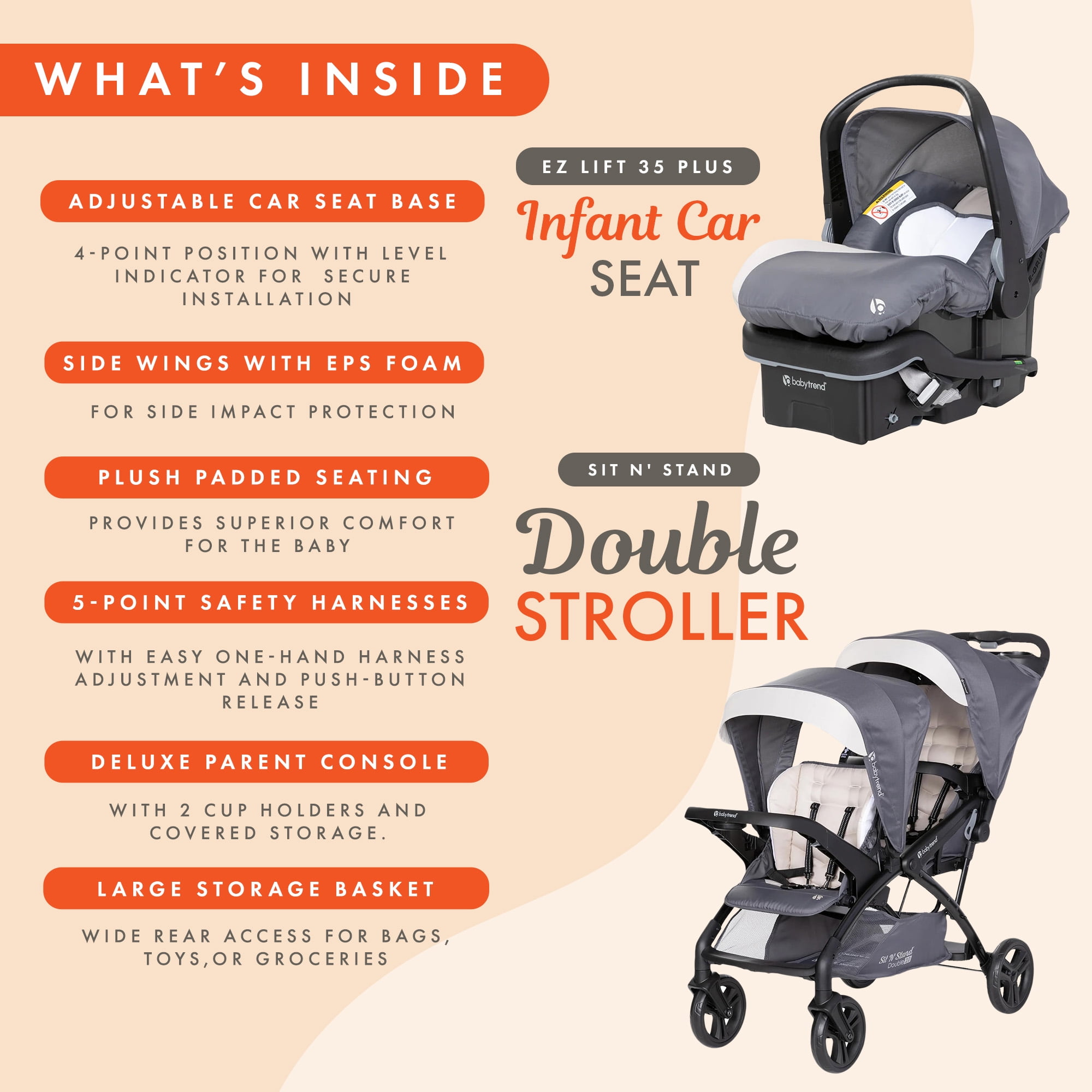 Baby Trend Double Stroller w/ Infant Car Seat, Sit N' Stand & EZ-Lift Plus, Magnolia, Travel System