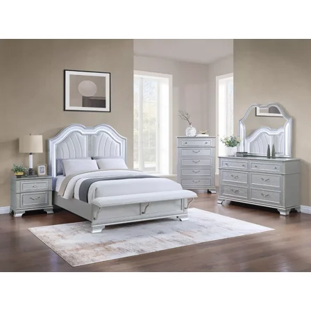 Traditional 4pc Bedroom Queen Size Bed Set Light Gray Arched HB Bench FB Dresser Mirror Nightstand