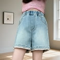 thumbnail image 2 of Zpanxa Girls Summer Casual Denim Shorts Elastic High Waist Button Closure Pearl Decor Pocket Lace Ruffle Hem 5 Years, 2 of 6