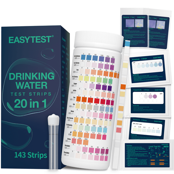 EASYTEST 20 in 1 Drinking Water Test Kit - Well Water Testing Kit - Water Test Strip for House Water for pH, Hardness, Chlorine, Lead, Iron, Bacteria & More