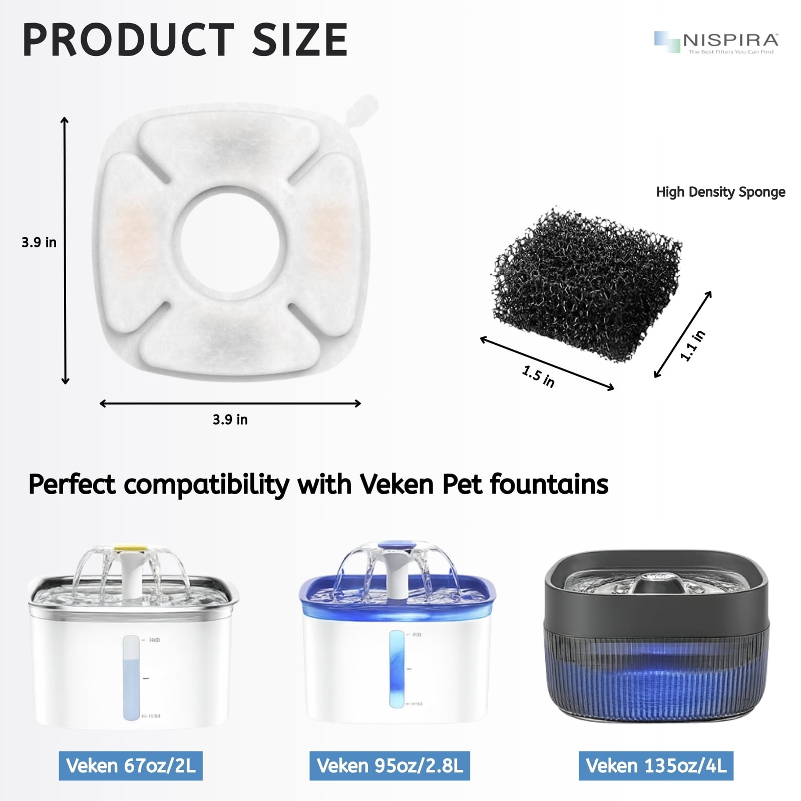 NISPIRA Triple Filtration Charcoal Water Filter Set Replacements for Veken 67oz, 95oz 135oz Automatic Stainless Steal Cat Water Fountain, Dog Water Fountain Dispenser 24 Sets