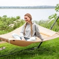 thumbnail image 2 of SUNCREAT Hammocks Extra Large Double Hammock with 12 ft Stand, 475lbs Capacity, Outdoor Portable Hammock with Hardwood Spreader Bar, Extra Large Pillow, Beige, 2 of 7