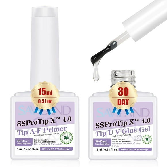 shiyou-SAVILAND Pro Gel Nail Glue Duo Set: Extra Strong U V Nail Glue Gel with Nail Primer Rich in Castor Oil Vitamin E for 30-Day Long Lasting Gel Glue for Nails False Nail Tips Press Ons Home