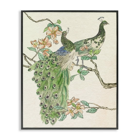Stupell Industries Peacock Pair on Branch Animals & Insects Painting Black Framed Art Print Wall Art, 11 x 14