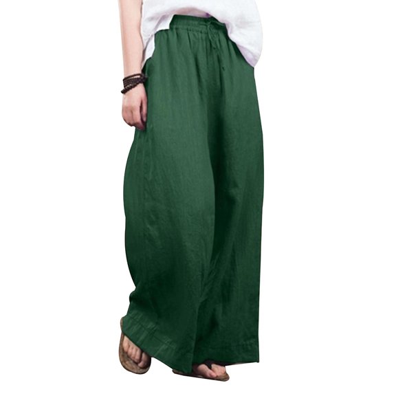 Julycc Womens Plus Size S-5XL Cotton Linen Elastic Waist Wide Leg Palazzo Casual Pants