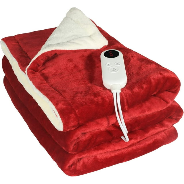 Electric Blanket Heated Throw,50"x60" Reversible Flannel Sherpa,Fast Heating Electric Throw with 6 Heat Setting ,1-8 Hour Auto-Off,Machine Washable (red)