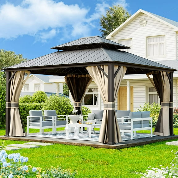 UDPATIO 14W x 12 Hardtop Gazebo, Galvanized Steel Double Roof Permanent Aluminum Gazebo,Khaki