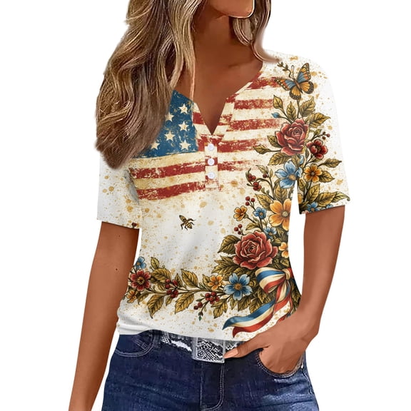 Women's 250th Anniversary Usa Shirt Independence Day Patriotic Star Stripe Print V-Neck Button Short Sleeve Top