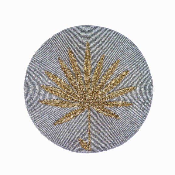 I Be-Leaf Bead Embroidered PlacematGrey & GoldSize: 13.5" RoundSet of 2