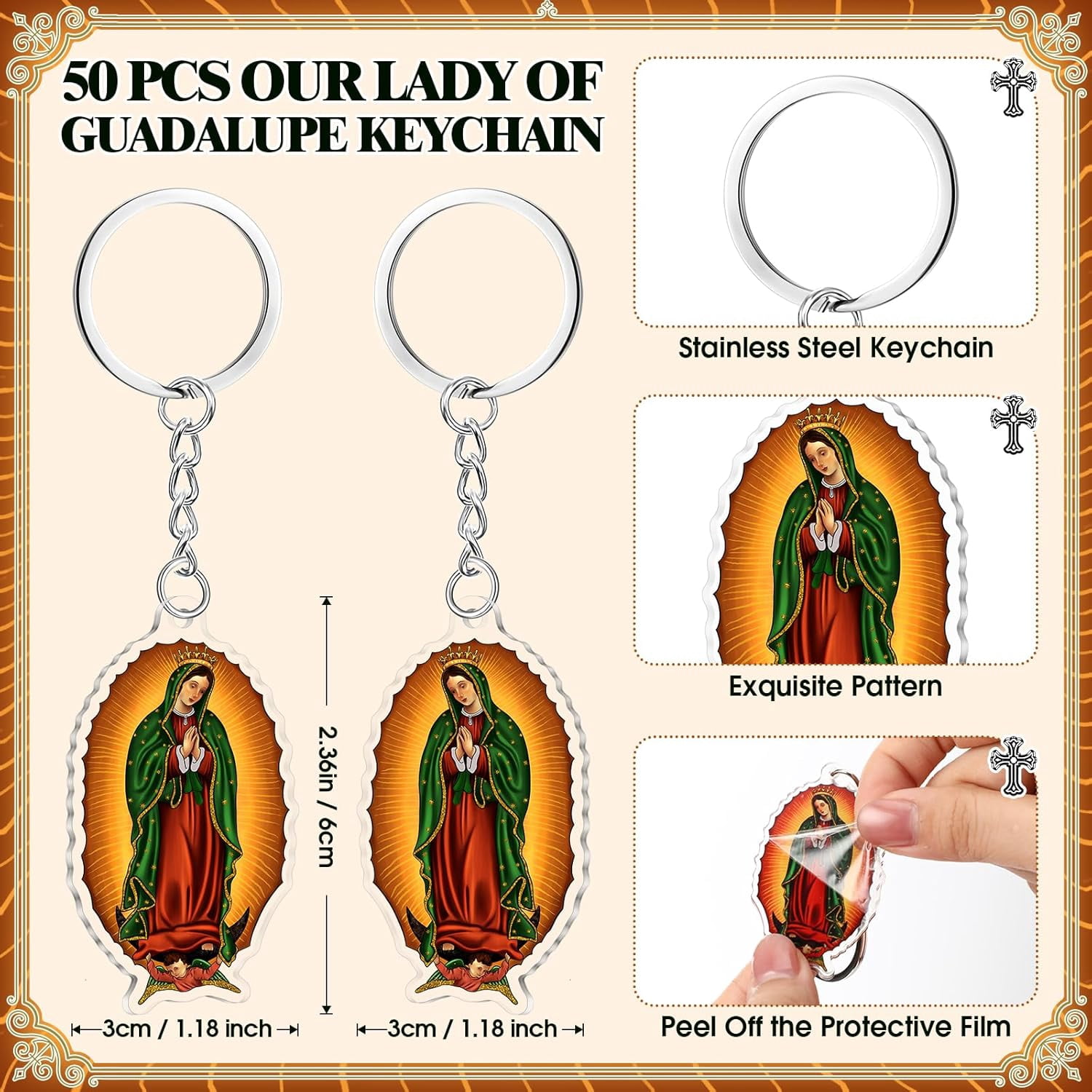 50pcs Our Lady Of Guadalupe Acrylic Keychains, Lightweight And Portable, Perfect For Mini Baptismal Favors, Party Keychain Gift Sets, Ideal Religious Souvenirs, First Communion Gifts