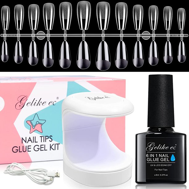 Gelike EC Nail Tips and Glue Gel Nail Kit, 6 In 1 Nail Glue Gel with