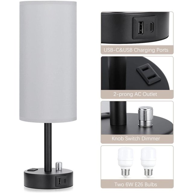 Lámpara de dormitorio EGYMEN negra para mesita de noche, lámpara de mesa pequeña con base negra para sala de estar y escritorio de oficina (gris)
