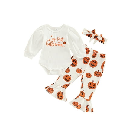 

Nituyy Baby Girls Halloween Romper Set Round Neck Long Sleeve Letter Printed Romper + Pumpkin Printed Flare Pants + Headband