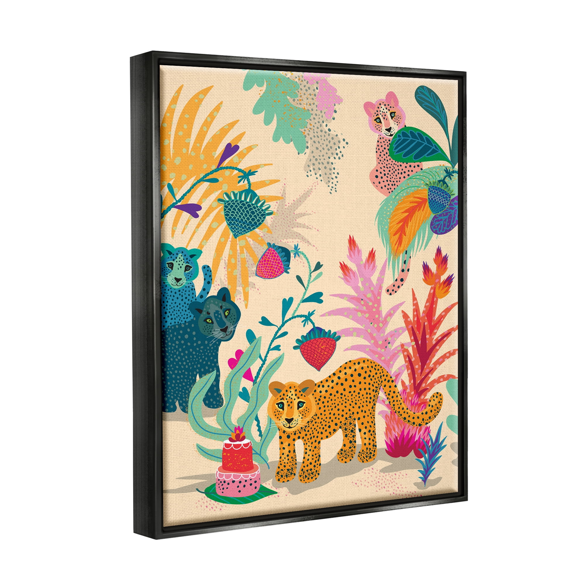 Stupell Industries Spotted Leopards with Cake Animals & Insects Painting Black Floater Framed Canvas Art Print Wall Art, 17 x 21