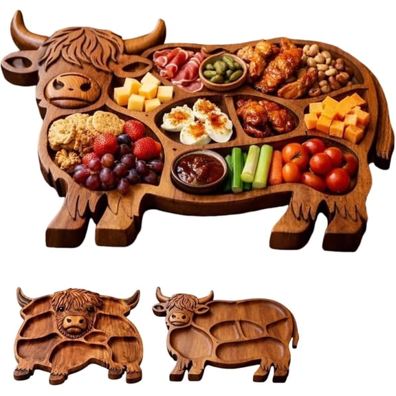 Vsontor Charcuterie Board Highland Cow Wood Serving Tray Food/Cookie Decorative Ottoman Coffee Table Tray | Large Wooden Cheese Board Serving Platter For Party Supplies B