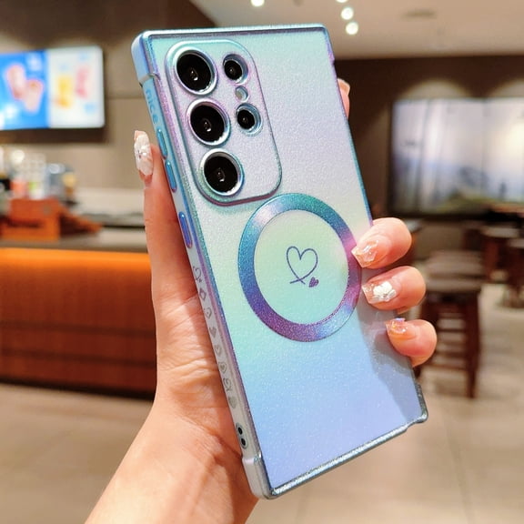 For Samsung Galaxy S25 Magnetic Phone Case,Compatible with Mag-Safe,Electroplated Double Hearts Design,Bling Glitter Dazzling Shockproof Anti-fall Ultra Slim Soft TPU  Phone Case Cover,Blue