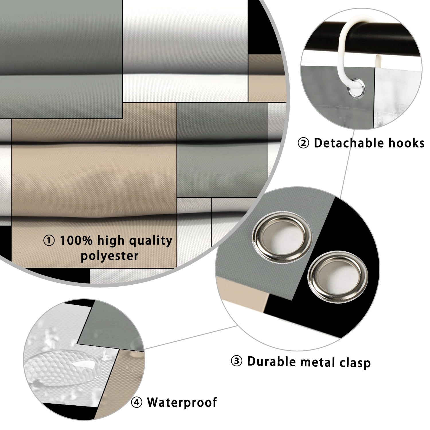 Poedist 4Pcs Shower Curtain Set, Bathroom Sets with Shower Curtain and Rugs, with Non-Slip Rugs,Toilet Lid Cover,Bath Mat and 12 Hooks,71 x 71 inch, Geometric Gray