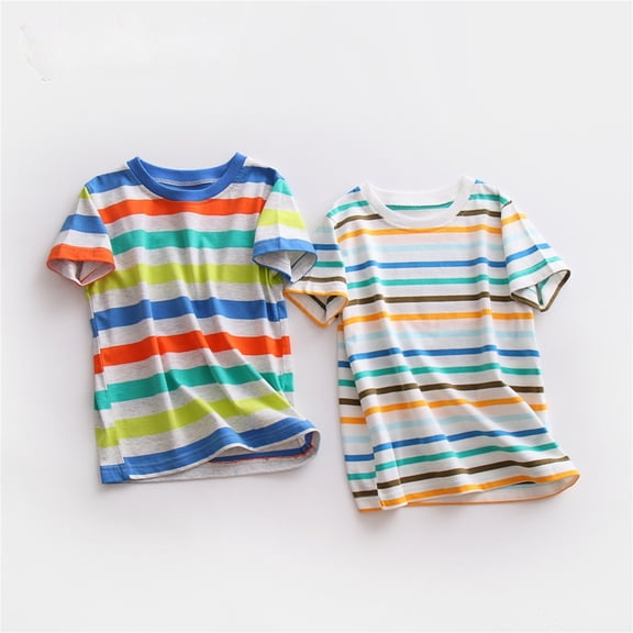 RTKFRFLM Boys Rainbow Striped T-Shirt Soft Cotton Short Sleeve Crewneck Summer Tee Multicolour2 6-7 Years