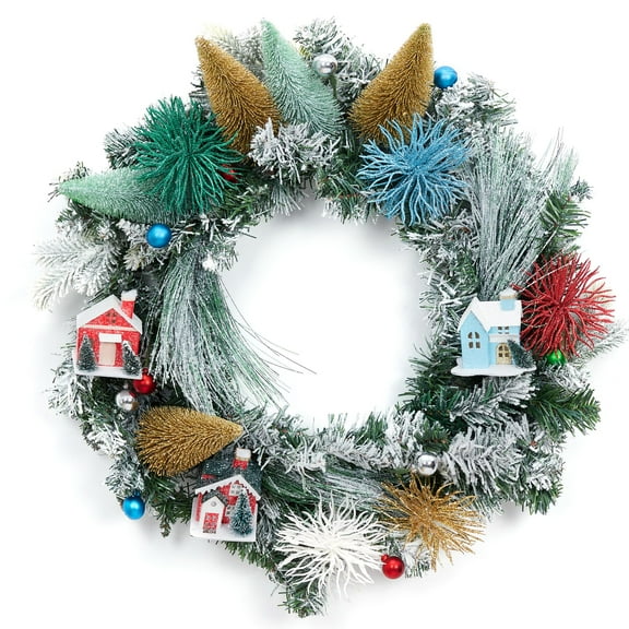Huisuilinss 24" Snow Flocked Artificial Christmas Wreath,Christmas Door Wreath,Xmas Wreaths,Winter Wreath,Christmas Tree And House Accent Decoration For Front Door Indoor Outdoor Christmas Decoration