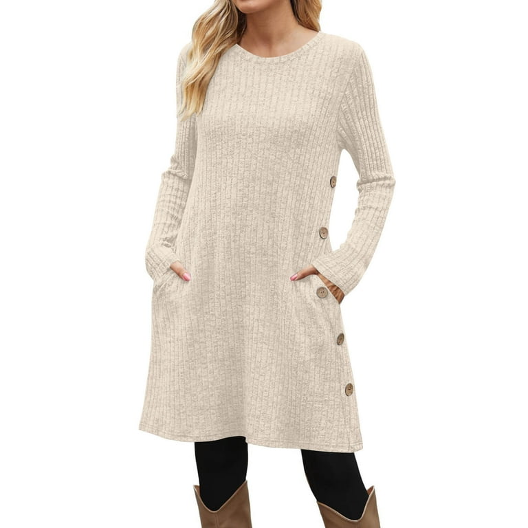 LIaqionyy Dresses for Womens Crew Neck Long Sleeve Fall Casual Ribbed Knit  Dress Trendy Outfits with Pocket - Walmart.com