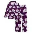 thumbnail image 5 of FASHOFT Women's Halloween Pajamas Set Pumpkin Ghost Print Silk Satin Long Sleeve Button Down Shirts Matching Pants Set Cute Comfy Pjs Dark Purple S, 5 of 5