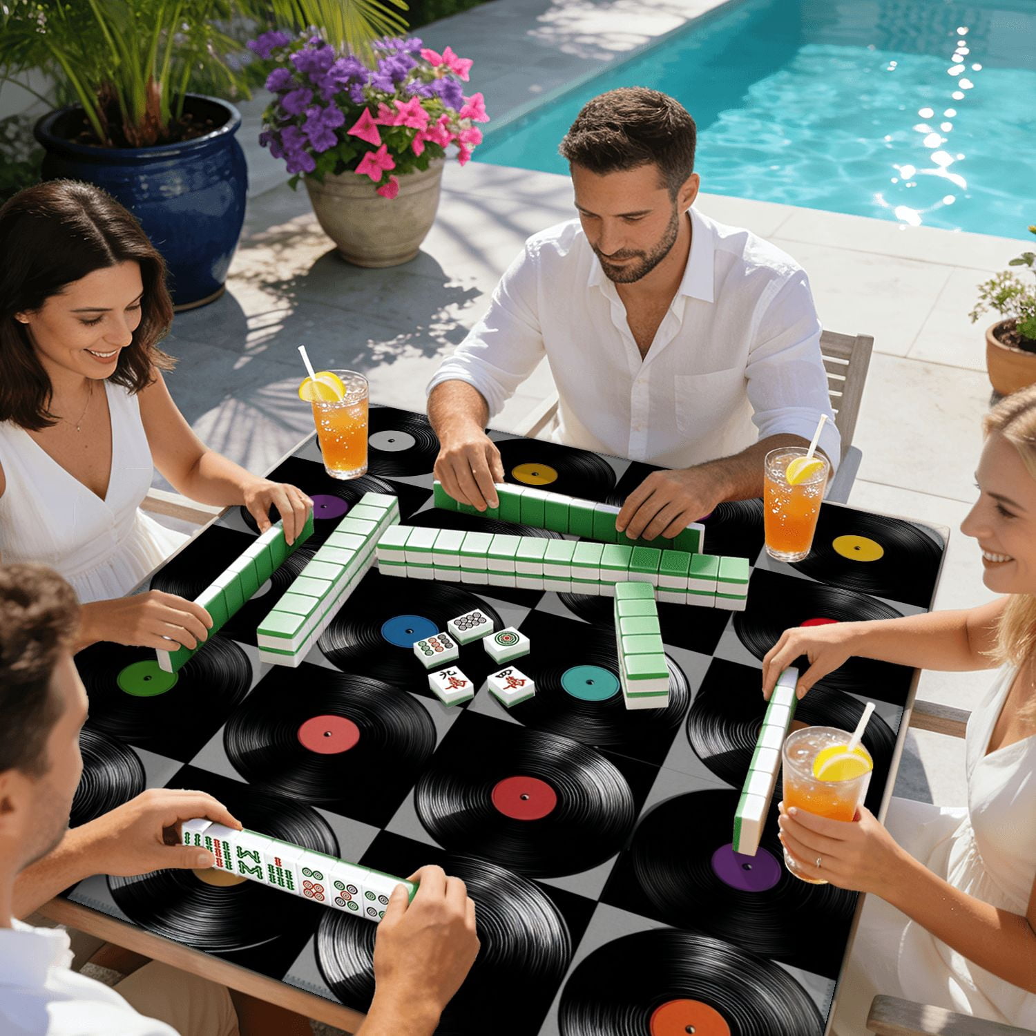 Mahjong Mat 31.5" x 31.5" Simple geometric seamless vinyl records Vintage musical Non-Slip Noise Reduction American Mahjong Tiles Table Cover for Dominoes Poker Card Board Games Gift